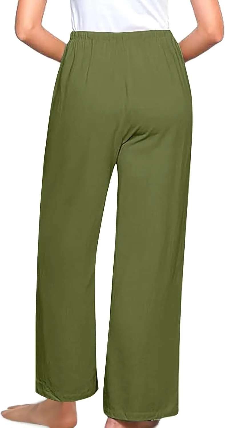 Linen Pants Women Drawstring High Waisted Wide Leg Cotton Baggy Trousers 2025 Summer Casual Bell Pant with Pockets