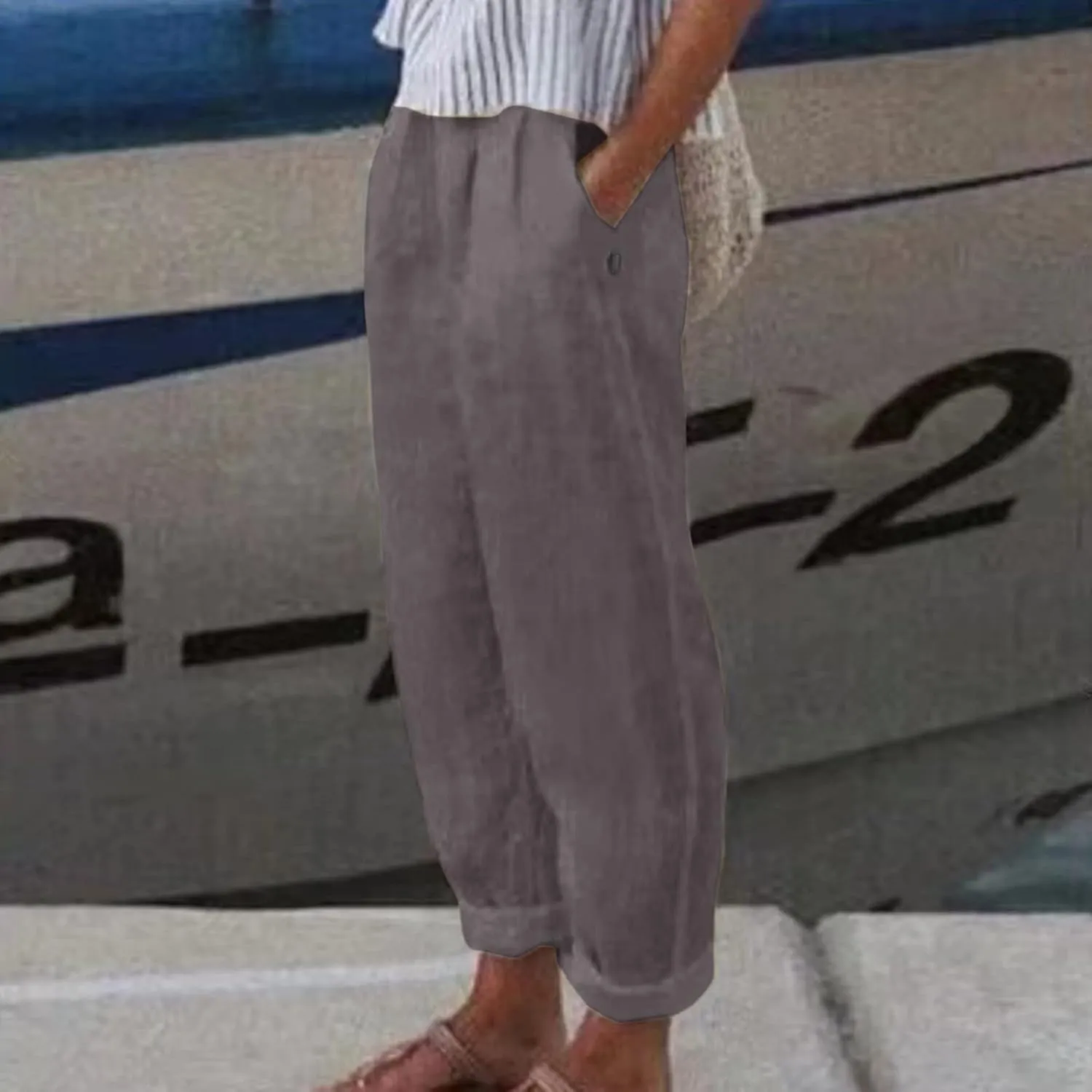 Linen Pants Women High Waist Loose Summer Beach Pants Casual Lightweight Drawstring Lounge Trousers with Pockets