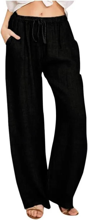 Linen Pants Women Summer Baggy Wide Leg Drawstring Cotton Pants High Waist Lounge Pants Casual Beach Palazzo Trousers