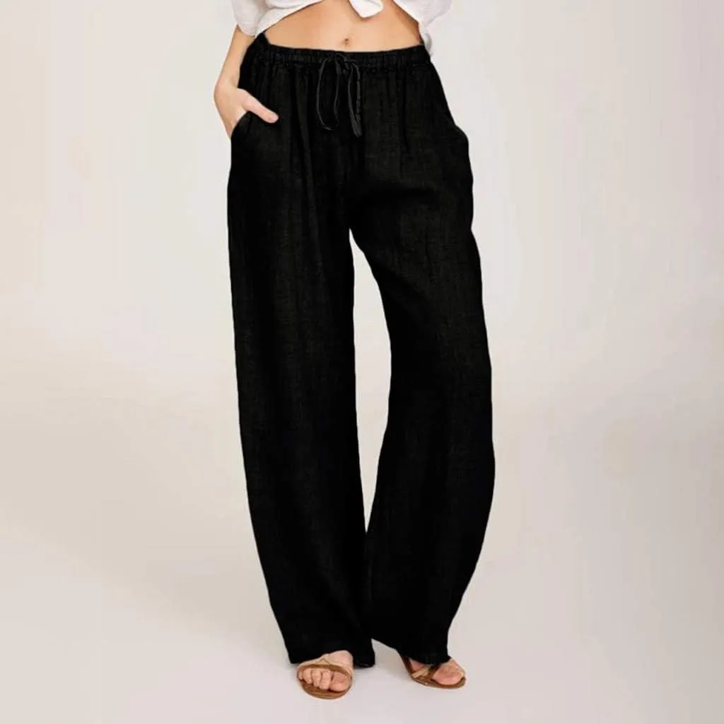 Linen Pants Women Summer Baggy Wide Leg Drawstring Cotton Pants High Waist Lounge Pants Casual Beach Palazzo Trousers