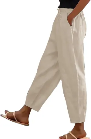 Linen Pants Women Summer Casual Cotton Linen Pants High Waisted Drawstring Lounge Pants Beach Trousers