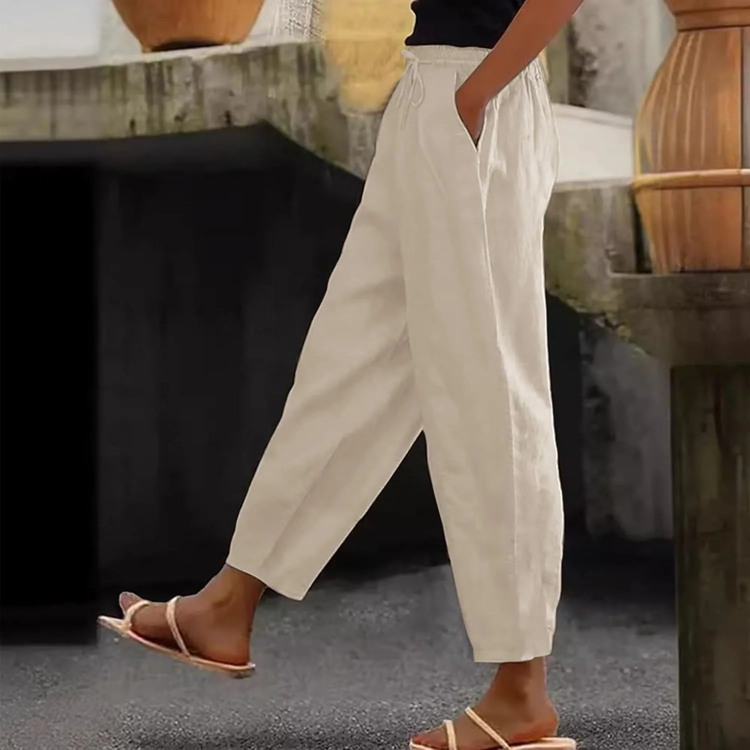 Linen Pants Women Summer Casual Cotton Linen Pants High Waisted Drawstring Lounge Pants Beach Trousers