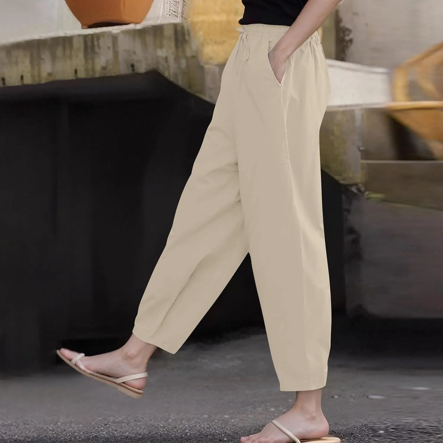 Linen Pants Women Summer Casual Cotton Linen Pants High Waisted Drawstring Lounge Pants Beach Trousers