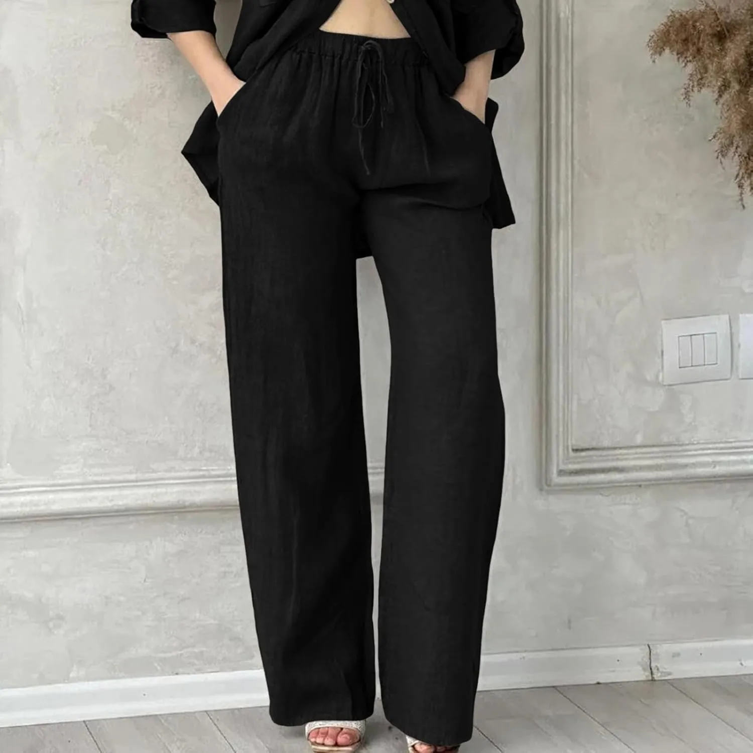 Linen Pants Women Summer Straight Leg Drawstring Elastic Waist High Waisted Wide Leg Pants Lounge Beach Trousers