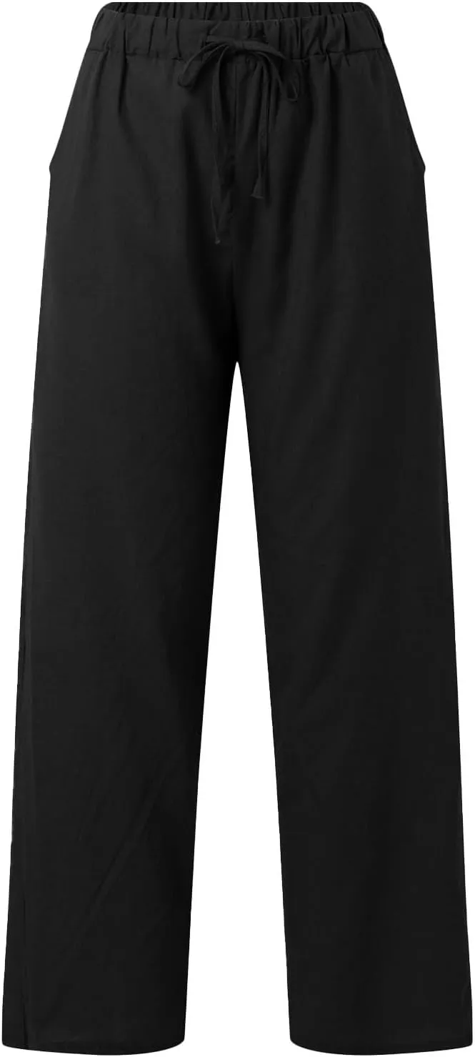 Linen Pants Women Summer Straight Leg Drawstring Elastic Waist High Waisted Wide Leg Pants Lounge Beach Trousers