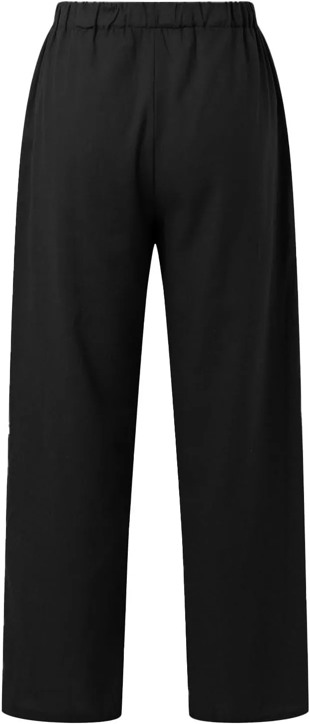Linen Pants Women Summer Straight Leg Drawstring Elastic Waist High Waisted Wide Leg Pants Lounge Beach Trousers