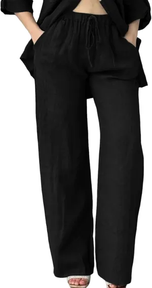 Linen Pants Women Summer Straight Leg Drawstring Elastic Waist High Waisted Wide Leg Pants Lounge Beach Trousers