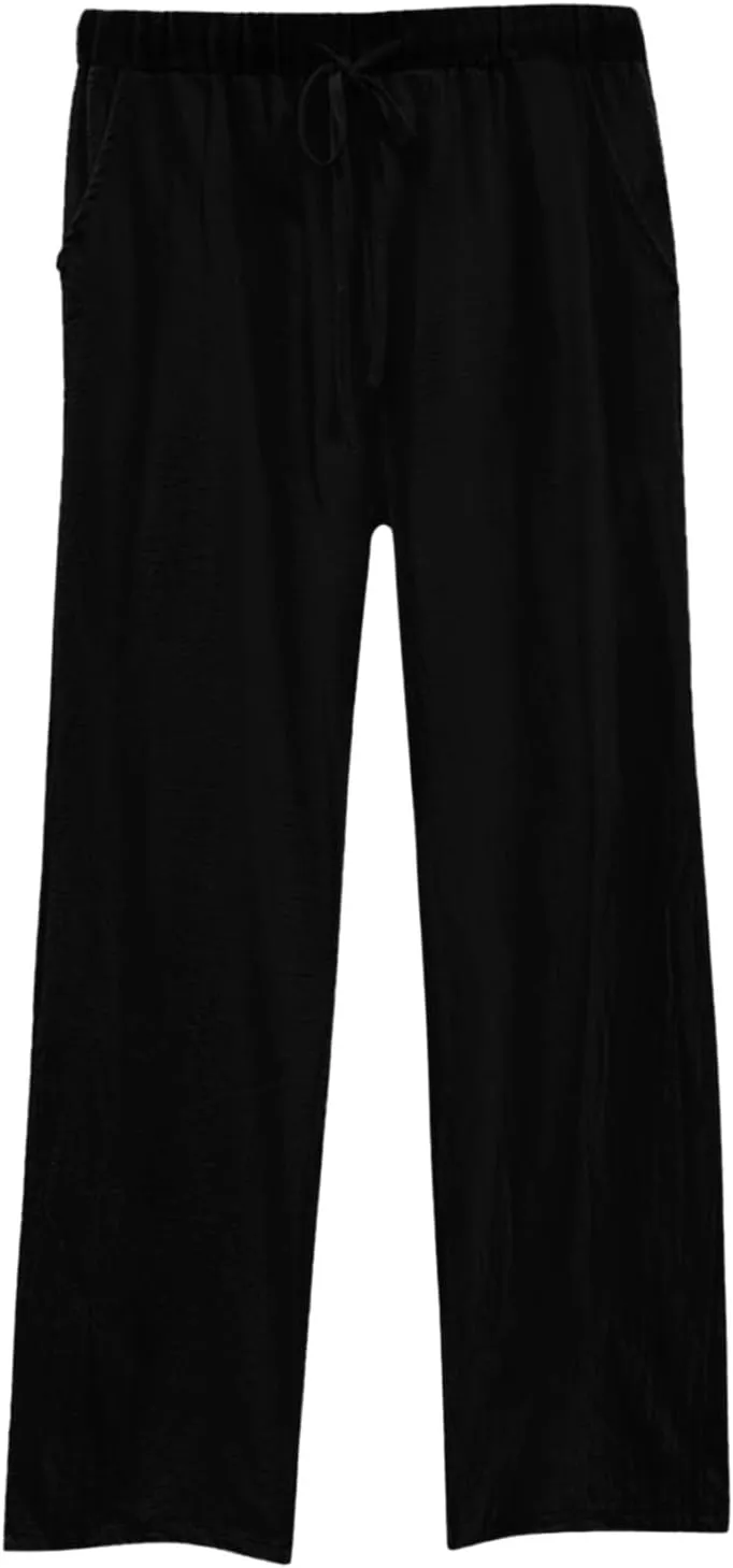 Linen Pants Women Summer Straight Leg Drawstring Elastic Waist High Waisted Wide Leg Pants Lounge Beach Trousers