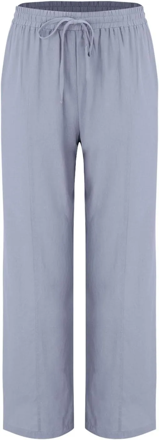 Linen Summer Pants Women Trouser Pant Cotton Blend Drawstring Elastic Waist Pocket Long Linen Pants Women Straight Leg