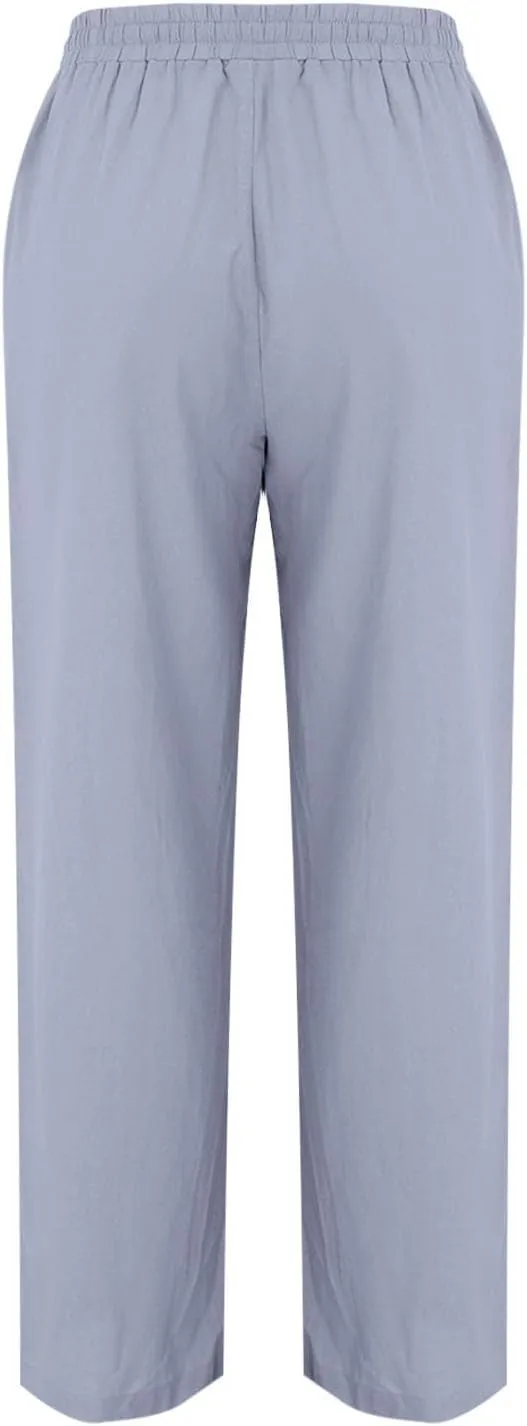 Linen Summer Pants Women Trouser Pant Cotton Blend Drawstring Elastic Waist Pocket Long Linen Pants Women Straight Leg