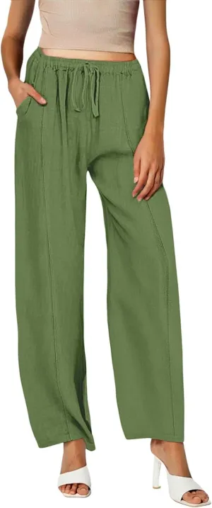 Linen Summer Pants Women Trouser Pant Cotton Blend Drawstring Elastic Waist Pocket Long Linen Pants Women Straight Leg