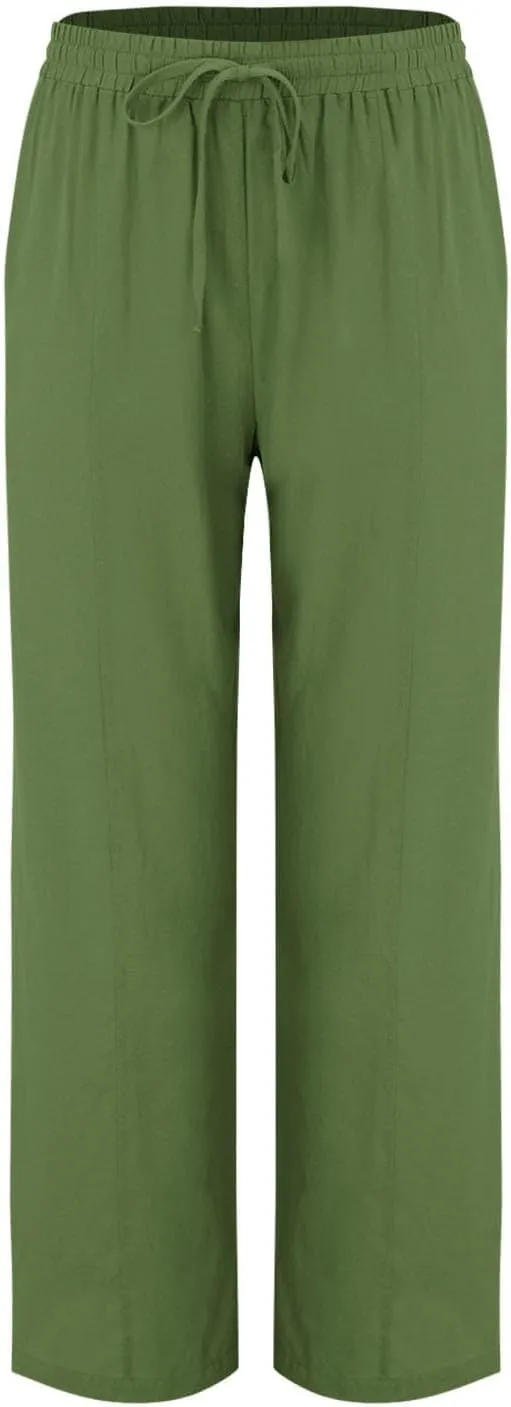 Linen Summer Pants Women Trouser Pant Cotton Blend Drawstring Elastic Waist Pocket Long Linen Pants Women Straight Leg