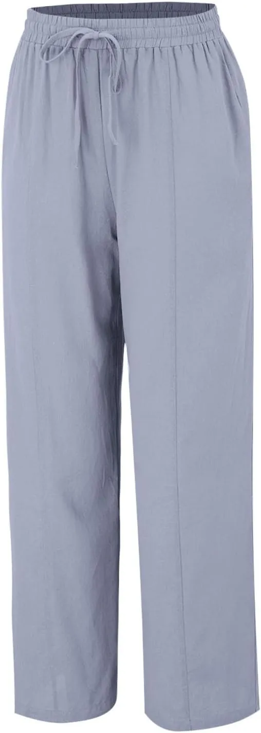 Linen Summer Pants Women Trouser Pant Cotton Blend Drawstring Elastic Waist Pocket Long Linen Pants Women Straight Leg