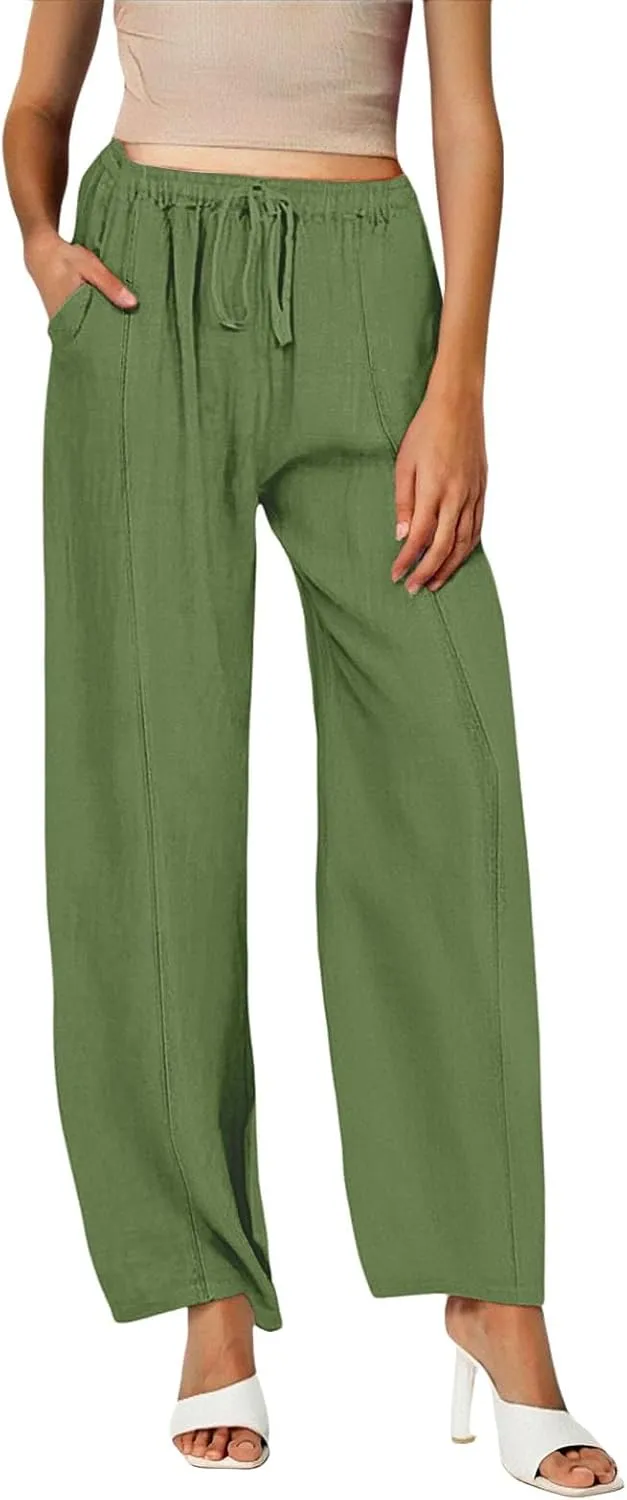 Linen Summer Pants Women Trouser Pant Cotton Blend Drawstring Elastic Waist Pocket Long Linen Pants Women Straight Leg