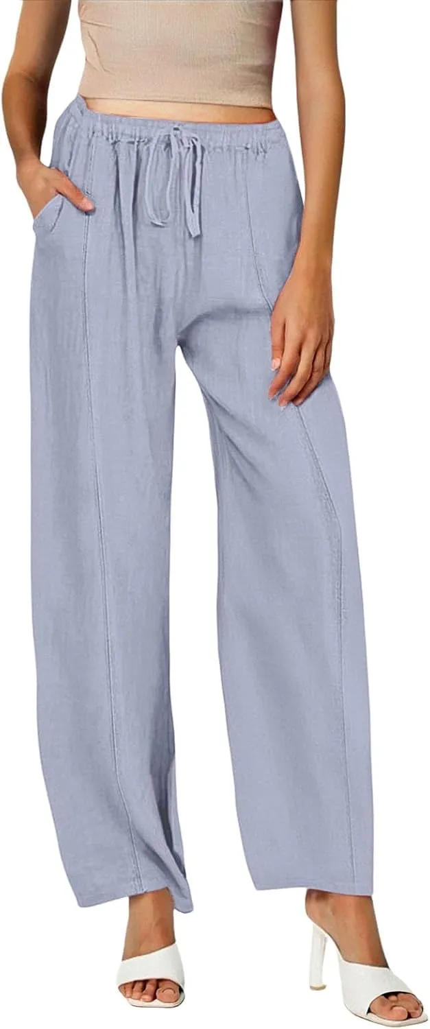 Linen Summer Pants Women Trouser Pant Cotton Blend Drawstring Elastic Waist Pocket Long Linen Pants Women Straight Leg