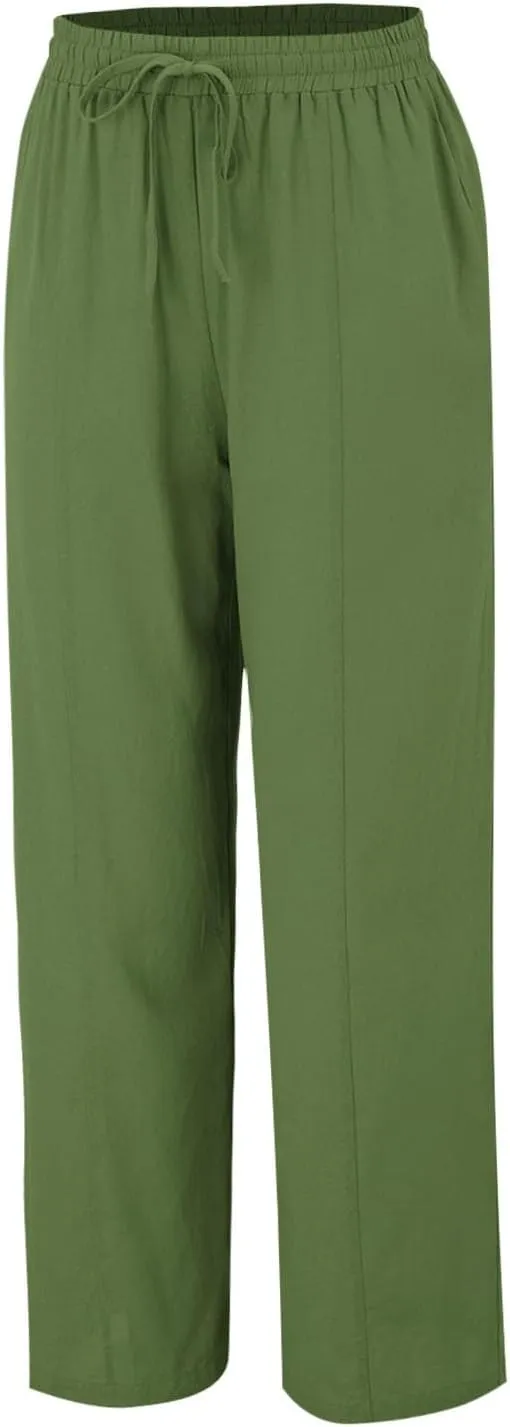 Linen Summer Pants Women Trouser Pant Cotton Blend Drawstring Elastic Waist Pocket Long Linen Pants Women Straight Leg