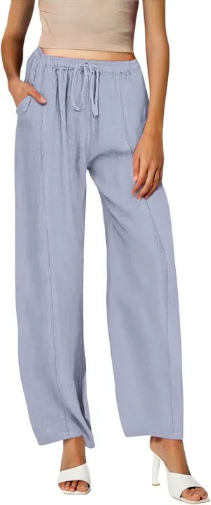 Linen Summer Pants Women Trouser Pant Cotton Blend Drawstring Elastic Waist Pocket Long Linen Pants Women Straight Leg