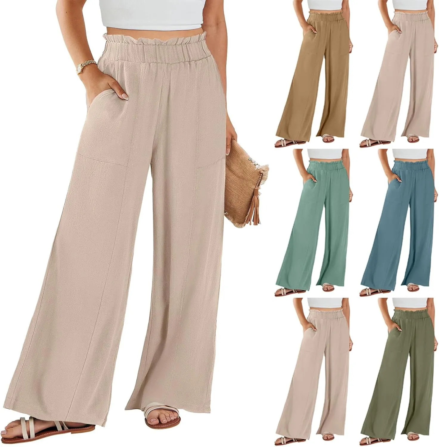 Linen Wide Leg Pants for Women Dressy High Waisted Palazzo Pants Casual Summer Comfy Work Pants Slacks with Pockets
