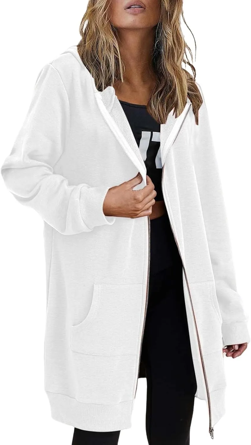 Long Hoodie for Women 2024 Casual Zip Up Drawstring Fleece Sweatshirt Oversized Jackets Coat Fall Clothes