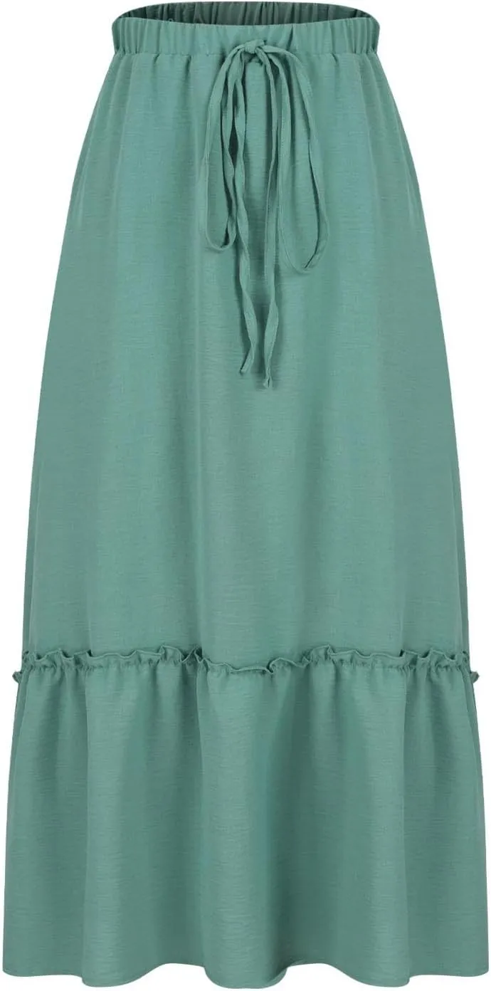 Long Ruffle Skirt for Women Fashion Flowy Boho Maxi Skirts Elastic High Wasit A-Line Pleated Tiered Beach Skirts