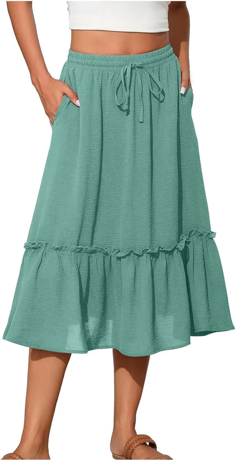 Long Ruffle Skirt for Women Fashion Flowy Boho Maxi Skirts Elastic High Wasit A-Line Pleated Tiered Beach Skirts