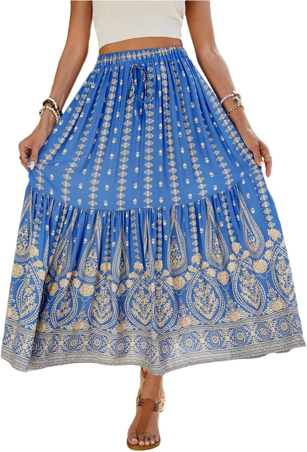 Long Skirts for Women Floral Boho Beach Flowy Tiered Maxi Skirt Drawstring High Waisted Skirts A Line Midi Skirt
