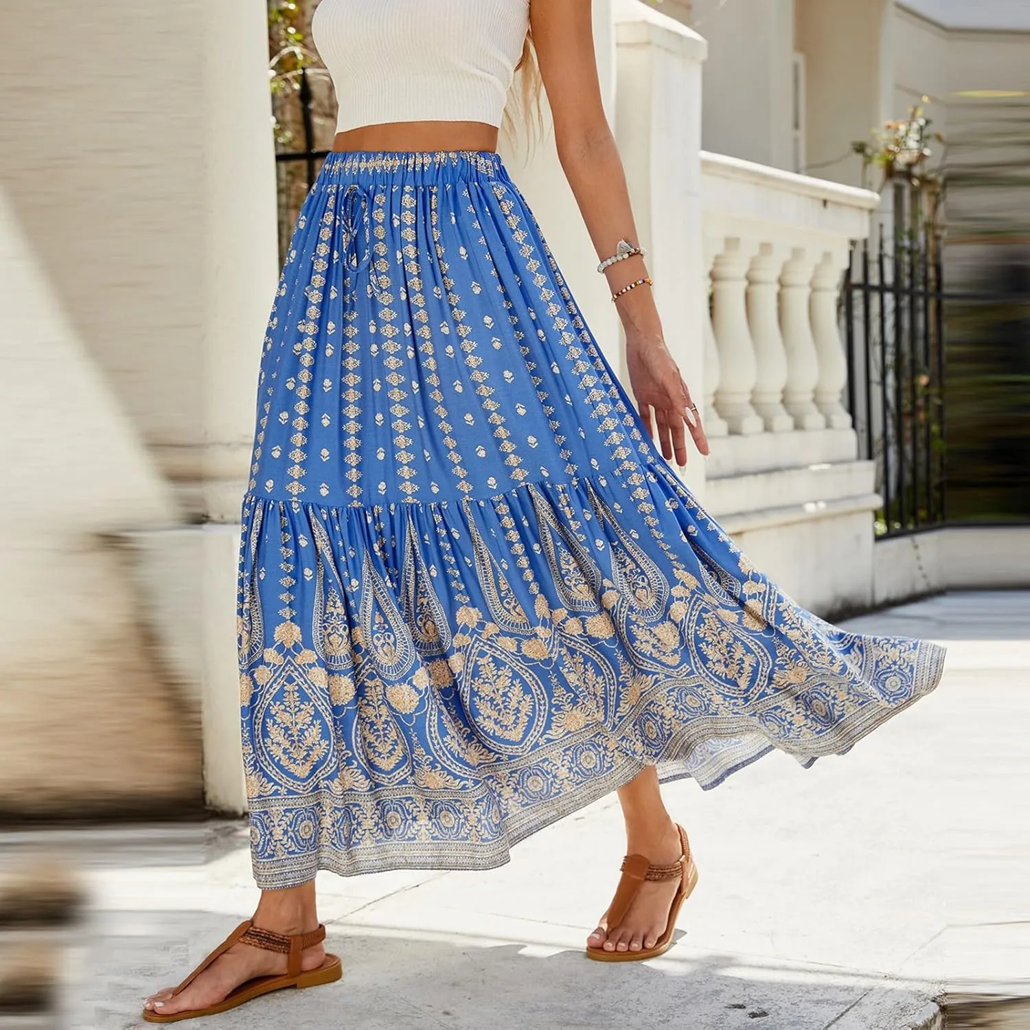 Long Skirts for Women Floral Boho Beach Flowy Tiered Maxi Skirt Drawstring High Waisted Skirts A Line Midi Skirt