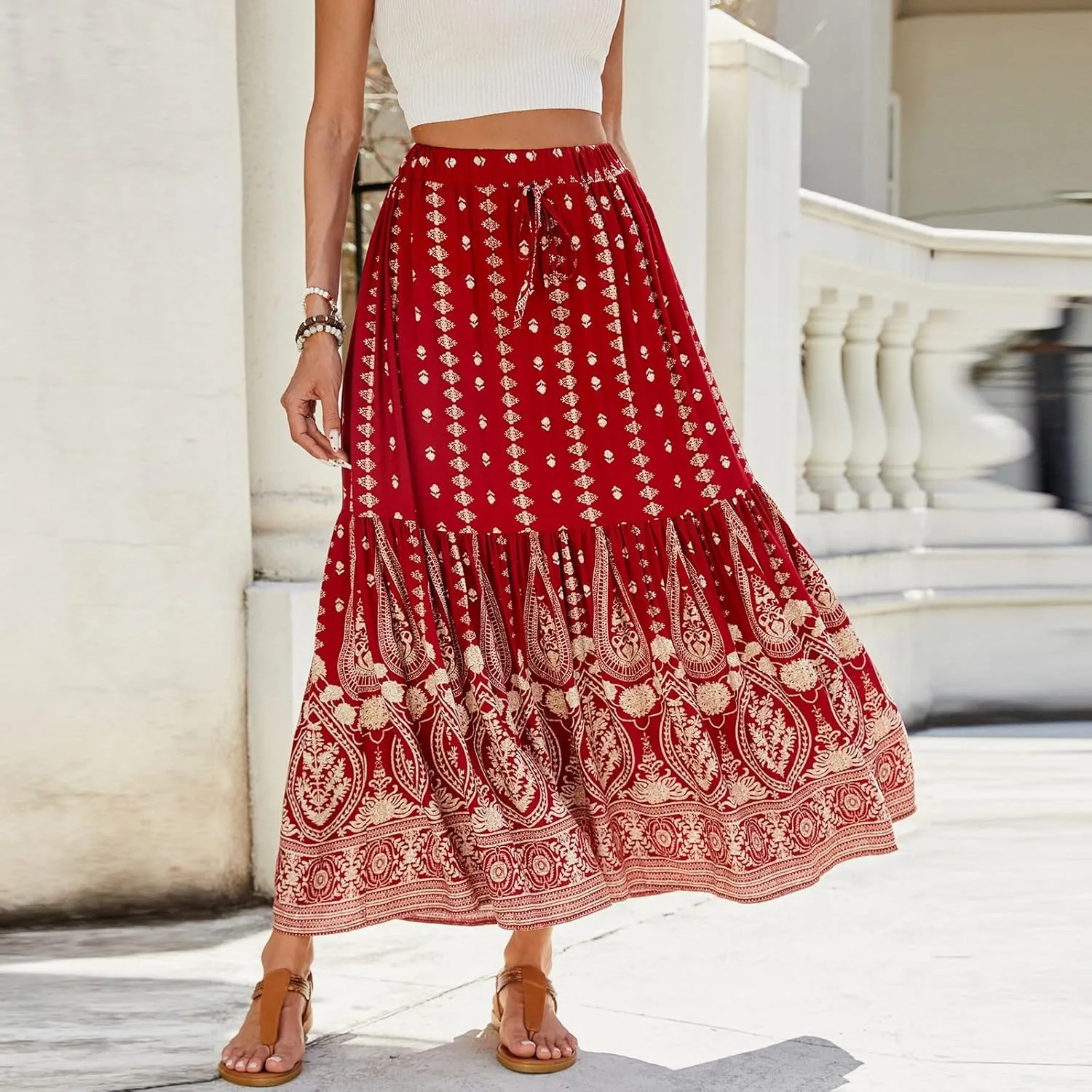Long Skirts for Women Floral Boho Beach Flowy Tiered Maxi Skirt Drawstring High Waisted Skirts A Line Midi Skirt