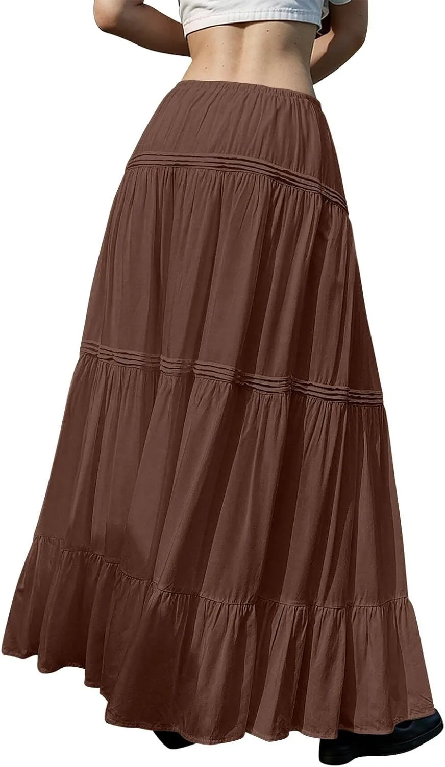 Long Skirts for Women Trendy Boho Maxi Skirt Summer Flowy Swing Tiered A-Line Elastic High Waist Dress