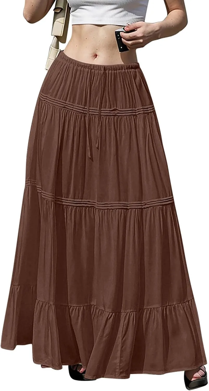 Long Skirts for Women Trendy Boho Maxi Skirt Summer Flowy Swing Tiered A-Line Elastic High Waist Dress