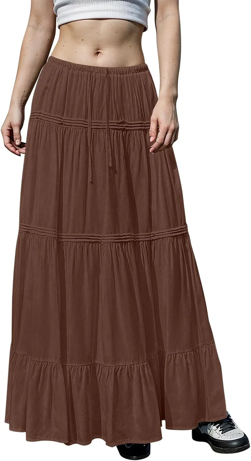 Long Skirts for Women Trendy Boho Maxi Skirt Summer Flowy Swing Tiered A-Line Elastic High Waist Dress