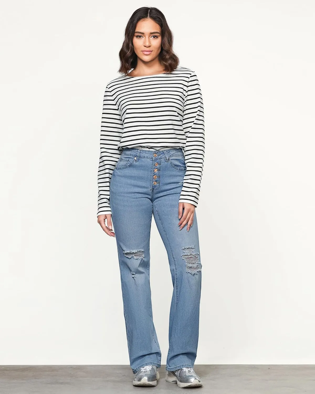 LookbookStore High Waisted Ripped Flare Jeans for Women Distressed Bell Bottom Jeans Wide Leg Pants