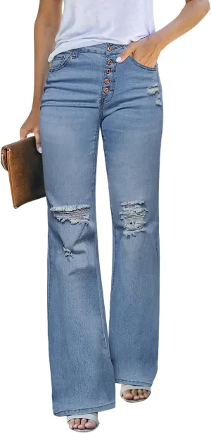 LookbookStore High Waisted Ripped Flare Jeans for Women Distressed Bell Bottom Jeans Wide Leg Pants