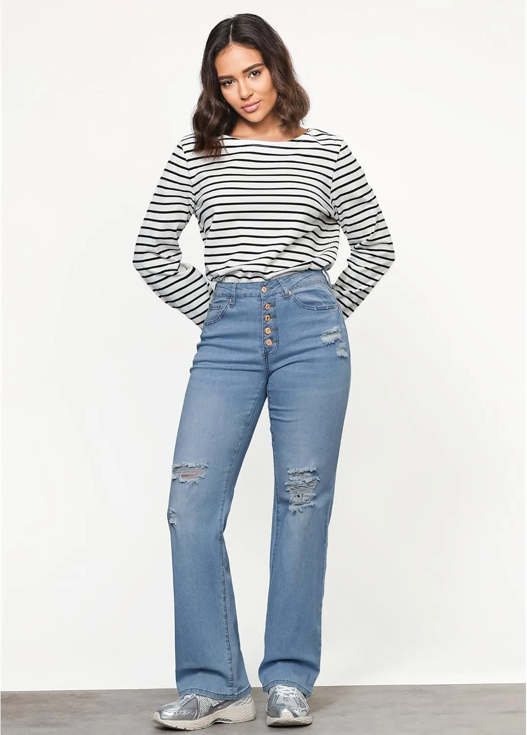 LookbookStore High Waisted Ripped Flare Jeans for Women Distressed Bell Bottom Jeans Wide Leg Pants