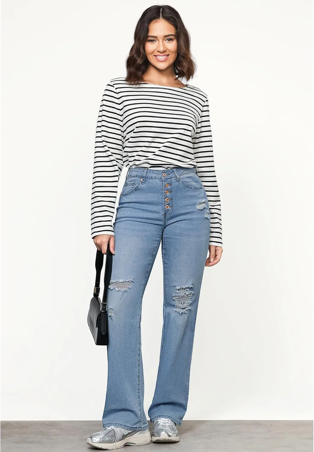 LookbookStore High Waisted Ripped Flare Jeans for Women Distressed Bell Bottom Jeans Wide Leg Pants