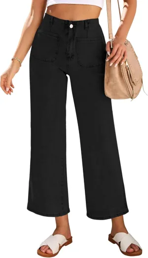 LookbookStore Womens Jeans High Waisted Trendy Cropped Wide Leg Baggy Stretchy Denim Jean Pants Pocket Trousers Jeans