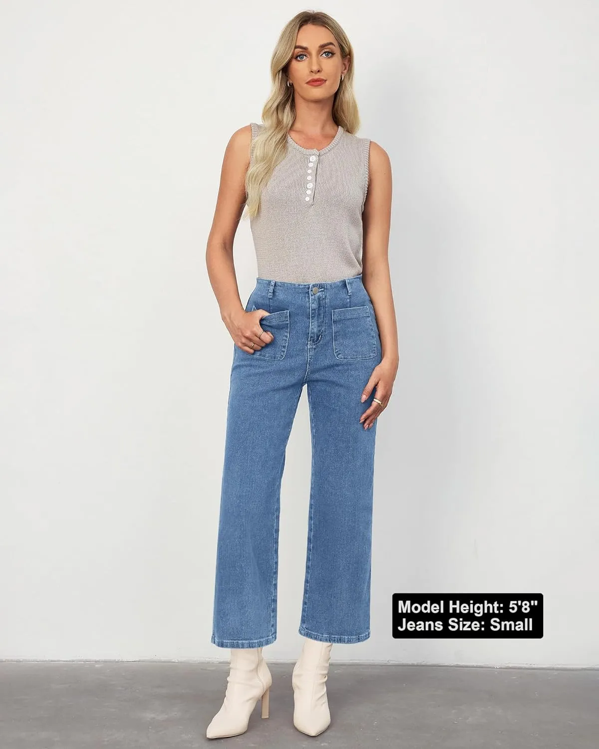 LookbookStore Womens Jeans High Waisted Trendy Cropped Wide Leg Baggy Stretchy Denim Jean Pants Pocket Trousers Jeans