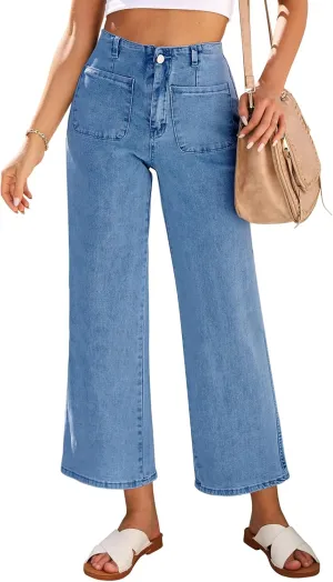 LookbookStore Womens Jeans High Waisted Trendy Cropped Wide Leg Baggy Stretchy Denim Jean Pants Pocket Trousers Jeans