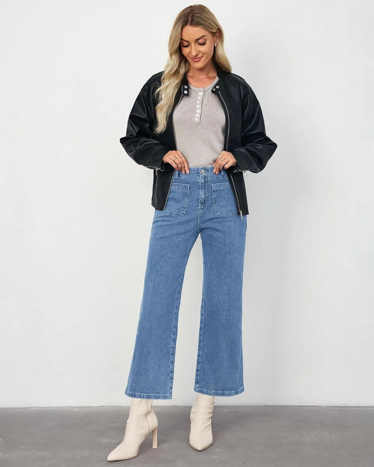 LookbookStore Womens Jeans High Waisted Trendy Cropped Wide Leg Baggy Stretchy Denim Jean Pants Pocket Trousers Jeans
