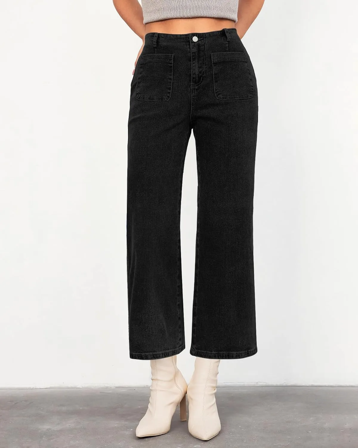 LookbookStore Womens Jeans High Waisted Trendy Cropped Wide Leg Baggy Stretchy Denim Jean Pants Pocket Trousers Jeans