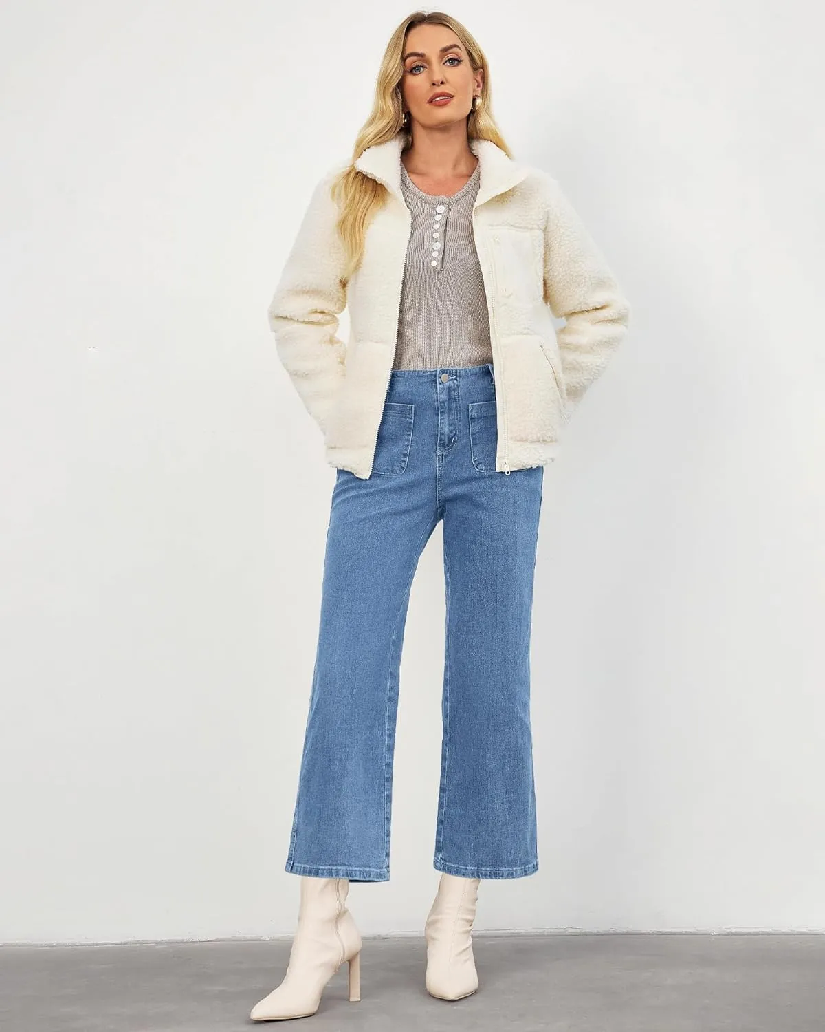 LookbookStore Womens Jeans High Waisted Trendy Cropped Wide Leg Baggy Stretchy Denim Jean Pants Pocket Trousers Jeans