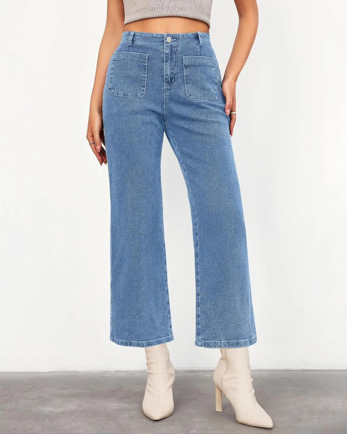 LookbookStore Womens Jeans High Waisted Trendy Cropped Wide Leg Baggy Stretchy Denim Jean Pants Pocket Trousers Jeans