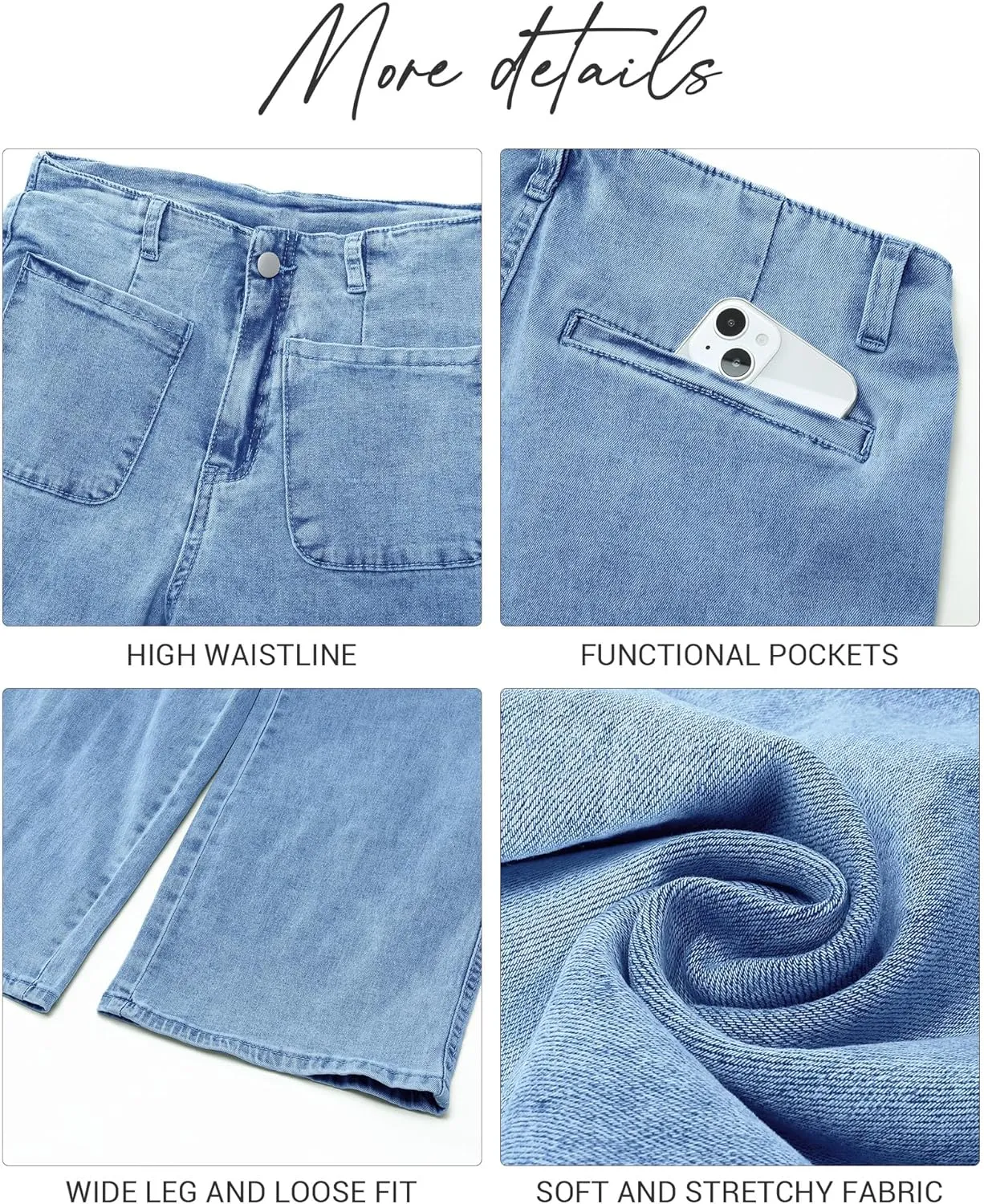 LookbookStore Womens Jeans High Waisted Trendy Cropped Wide Leg Baggy Stretchy Denim Jean Pants Pocket Trousers Jeans