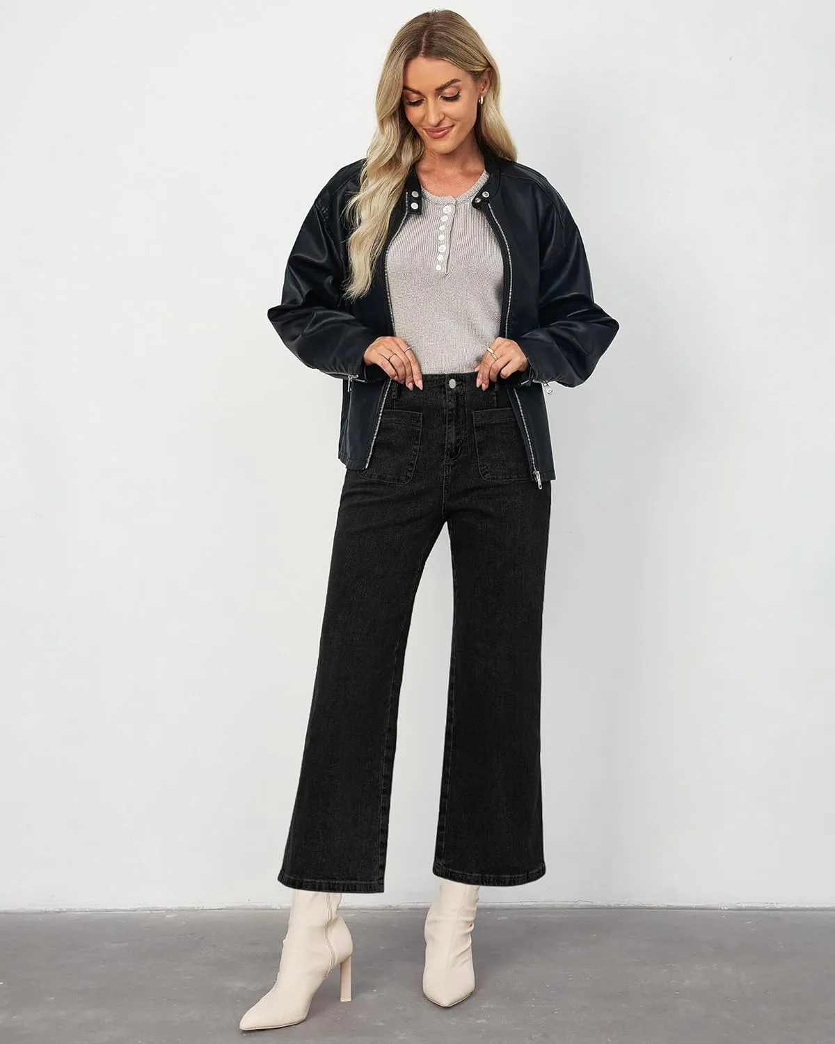 LookbookStore Womens Jeans High Waisted Trendy Cropped Wide Leg Baggy Stretchy Denim Jean Pants Pocket Trousers Jeans