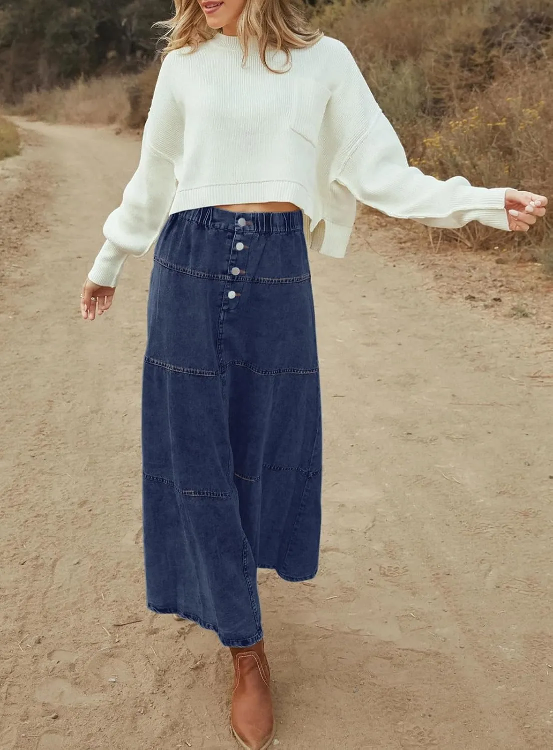 loveimgs Women Casual Denim Maxi Skirt Elastic High Waist Tiered A Line Long Jean Skirt Y2k Western Patchwork 2025