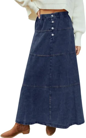 loveimgs Women Casual Denim Maxi Skirt Elastic High Waist Tiered A Line Long Jean Skirt Y2k Western Patchwork 2025