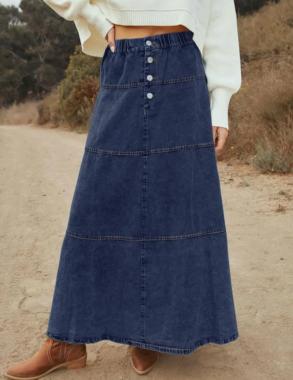 loveimgs Women Casual Denim Maxi Skirt Elastic High Waist Tiered A Line Long Jean Skirt Y2k Western Patchwork 2025