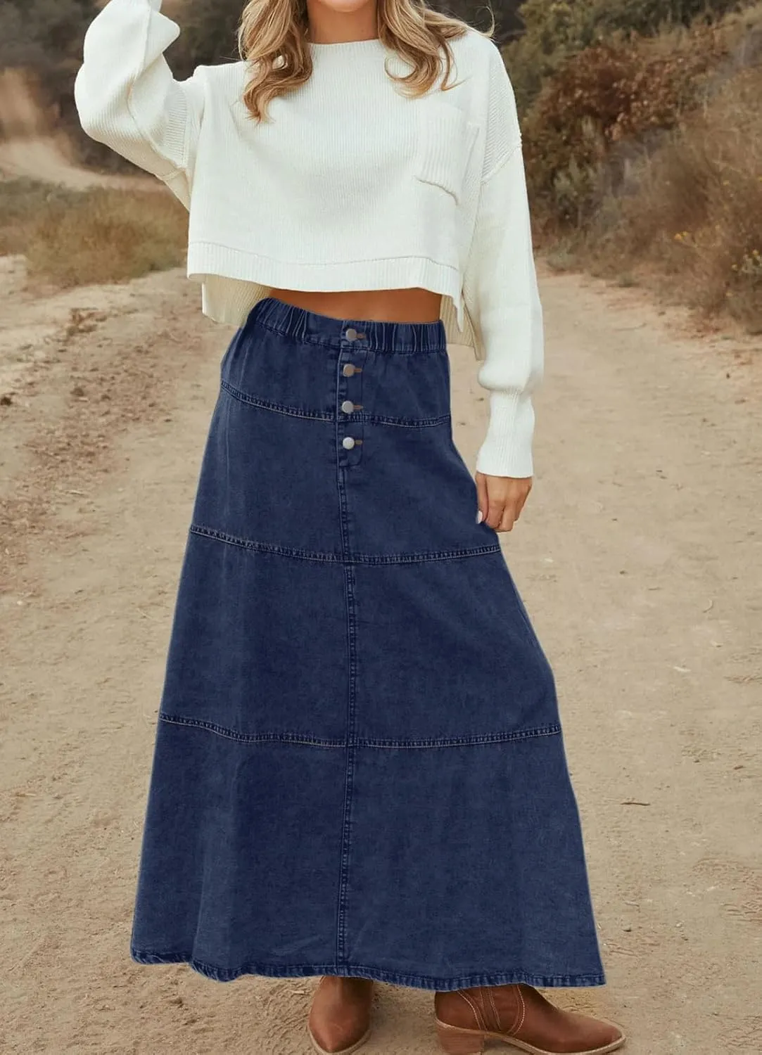 loveimgs Women Casual Denim Maxi Skirt Elastic High Waist Tiered A Line Long Jean Skirt Y2k Western Patchwork 2025