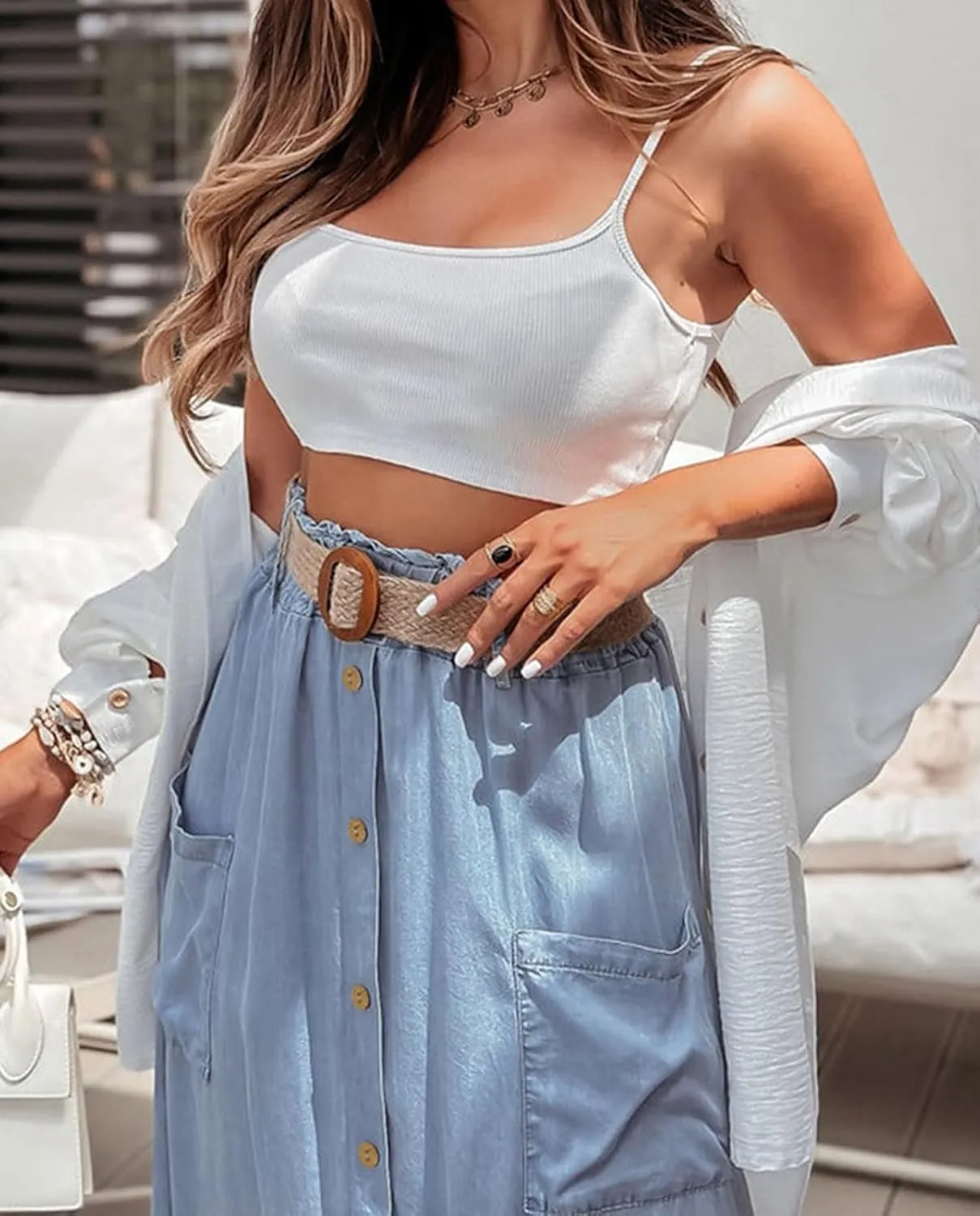 loveimgs Women Summer Elastic Waist Flowy Tencel Denim Maxi Skirt A Line Button Ruffle Cargo Long Jean Skirt Boho Lightweight