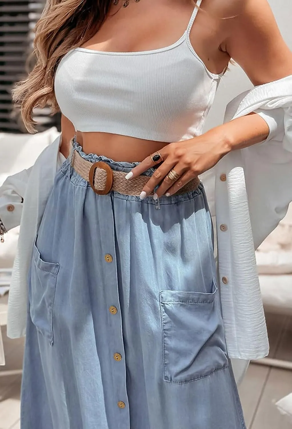 loveimgs Women Summer Elastic Waist Flowy Tencel Denim Maxi Skirt A Line Button Ruffle Cargo Long Jean Skirt Boho Lightweight
